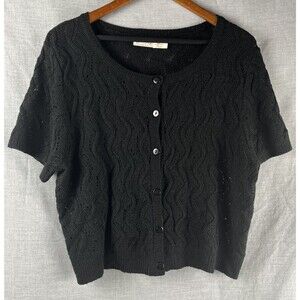 Faded Glory Cardigan Size XL Black Short Sleeve Button Shrug Wave Stitch Pattern